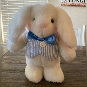 Vintage 1990’s Hallmark Uncle E Bunny Plush Rabbit Blue Vest Bow Tie Stuffy 13”